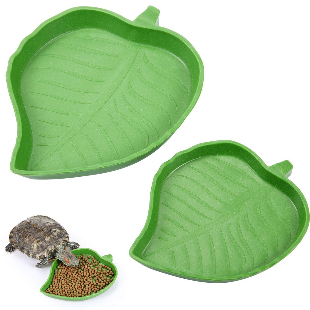 Boao 2 Pieces Leaf Reptile Food Water Bowl Plate 2 Piece Assortment, Green
