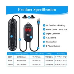 AQQA Aquarium Heater 800W for 80-220 Gallon Submersible Fish Tank H… Fast Ship