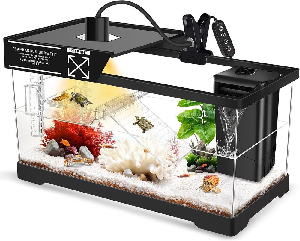 Aquatic Turtle Tank+Lamp+Filter Kit, Upgrade PC Turtle Tank Kit with Adjustable