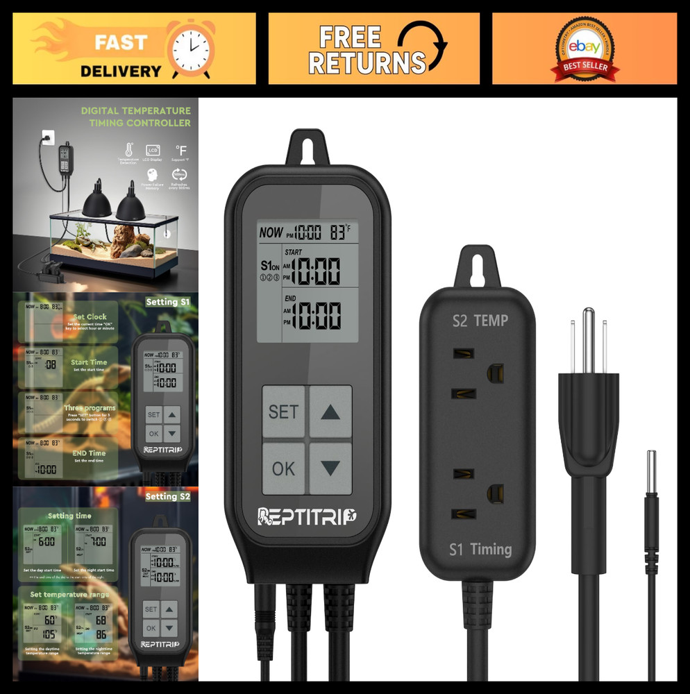 Reptile Thermostat & Light Timer for Temperature Control, Day-Night Timer, 10A 1
