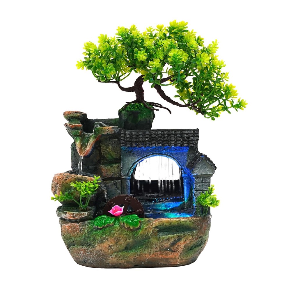 Tabletop Waterfall Fountain – 11 in Rockery Humidifier with Color-Changing LE…