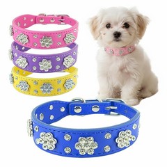 Rhinestone Flower Dog Collar, Bling Crystal Diamond Sparkling PU Leather Coll…