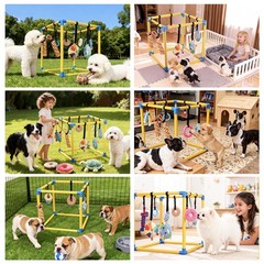 Dog Play Gym, PVC Frame with 8 Hanging Toys, Indoor Jungle Gym with Bungee St…