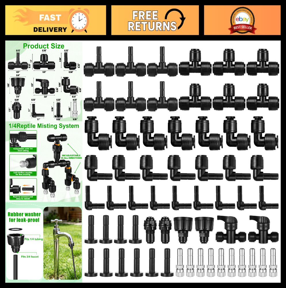 86 Pack 1/4″ Misting Nozzle Kit – 360° Adjustable Reptile & Plant Mister System