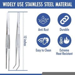 2 Pcs Straight and Curved Tip Tweezers 12 Inch, Stainless Steel Precision Twe…