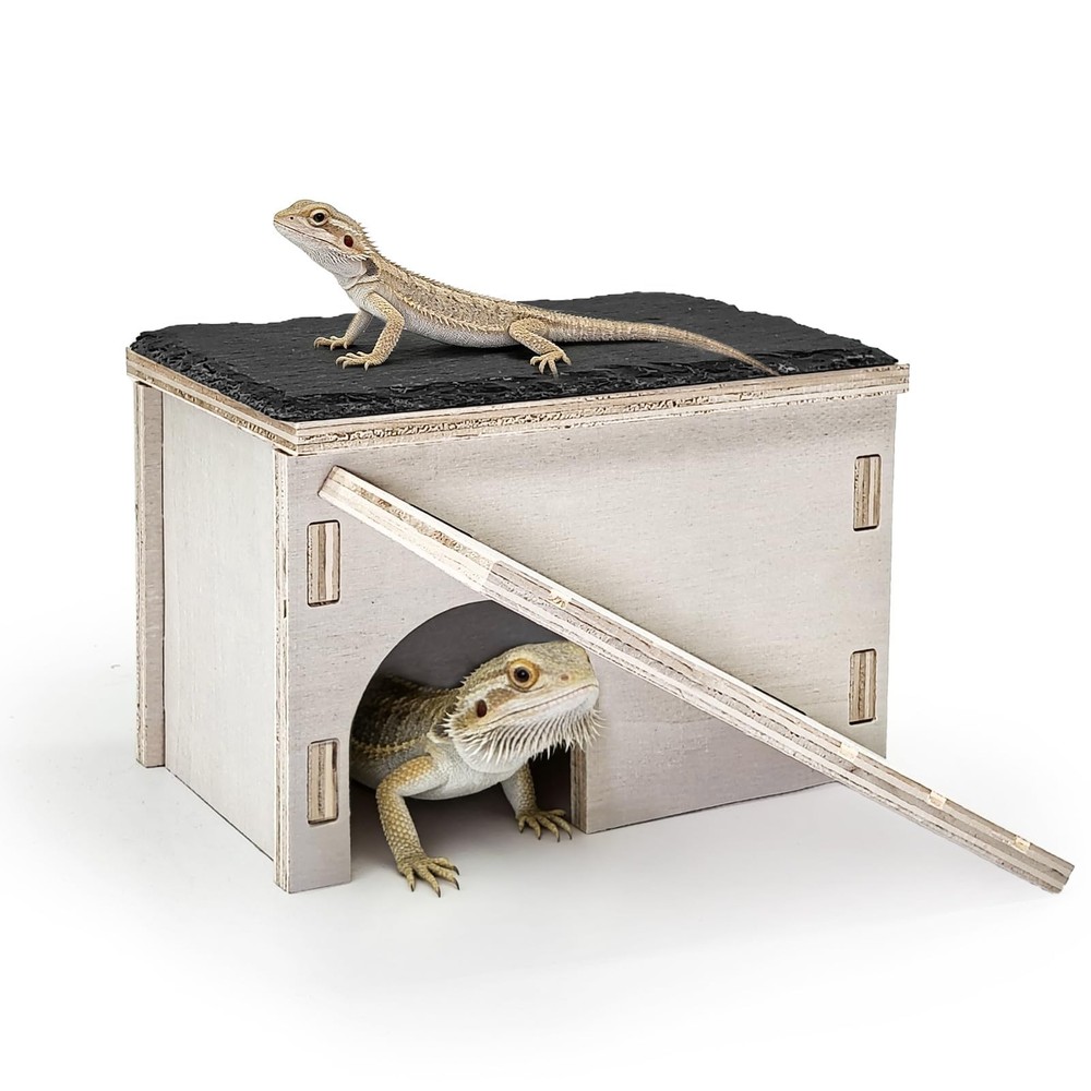 Bearded Dragon Basking Platform,Wooden Reptile Hide Cave with Slate Rock Clim…