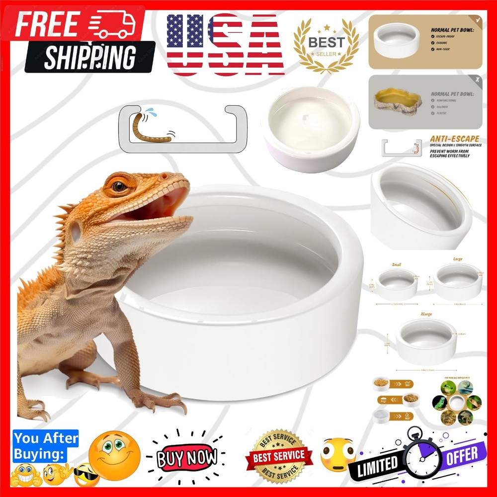 Ceramic Reptile Bowl – Mealworms & Cricket Dish for Gecko, Bearded Dragon & C…
