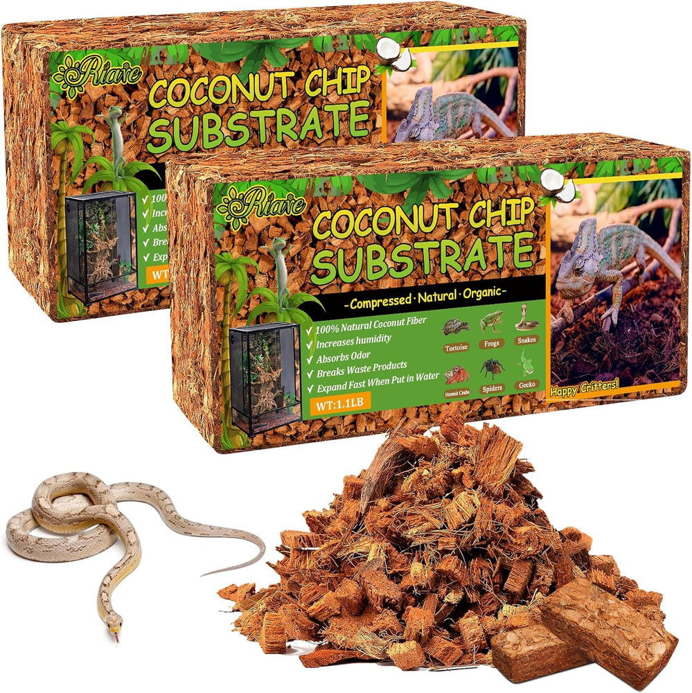 2 Pack Natural Coconut Chip Substrate for Reptiles- Compressed Coconut Husk Rept