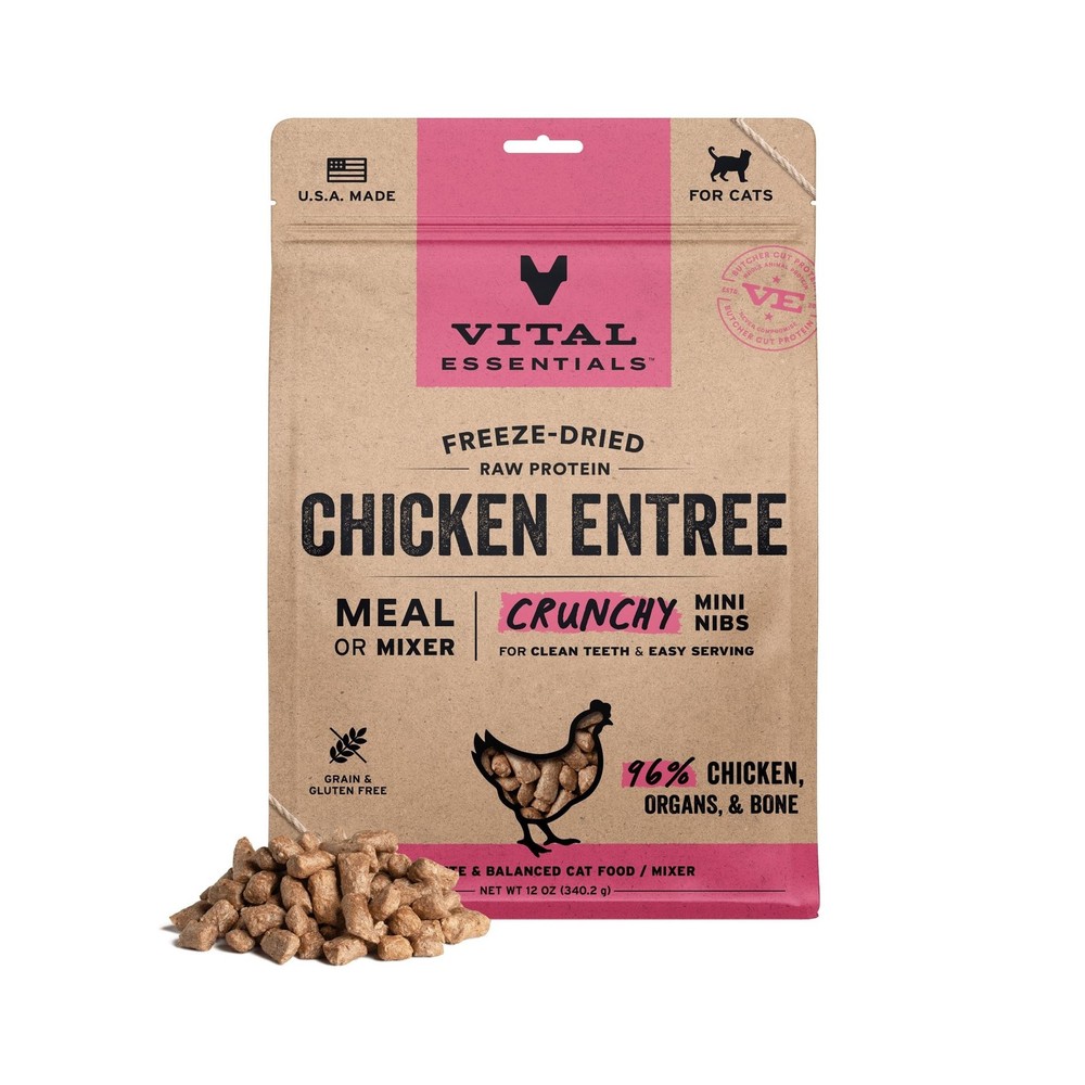 Vital Essentials Freeze Dried Cat Food, Chicken Mini Nibs, 12 oz Bag | Crunch…