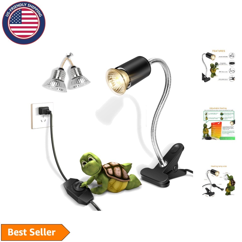 Reptile Heating & UVB Lamp with Dual E27 Bulbs, Dimmable, 360° Rotatable Clip