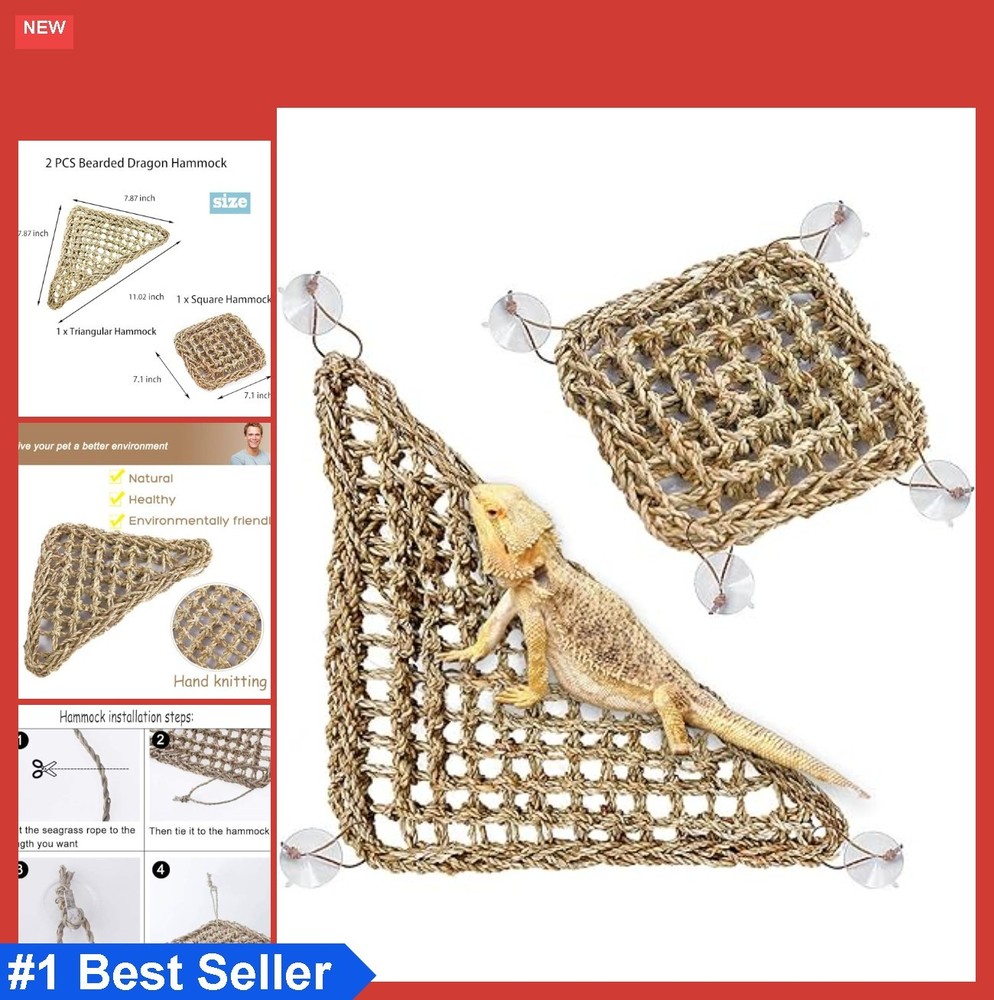 Reptile Hammock 2 Pack 11 x 7.9 Inch Triangle Square Seagrass Fiber Lounger