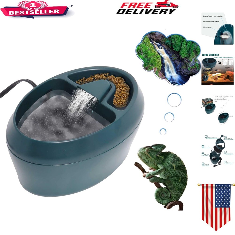 Reptile Waterfall Fountain & Feeder – 700ml Automatic Water Dispenser in Green