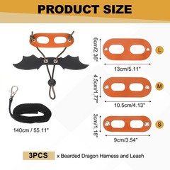 Bearded Dragon Lizard Leash Harness with Wing Leather(S/M/L, 3Pcs, Orange)