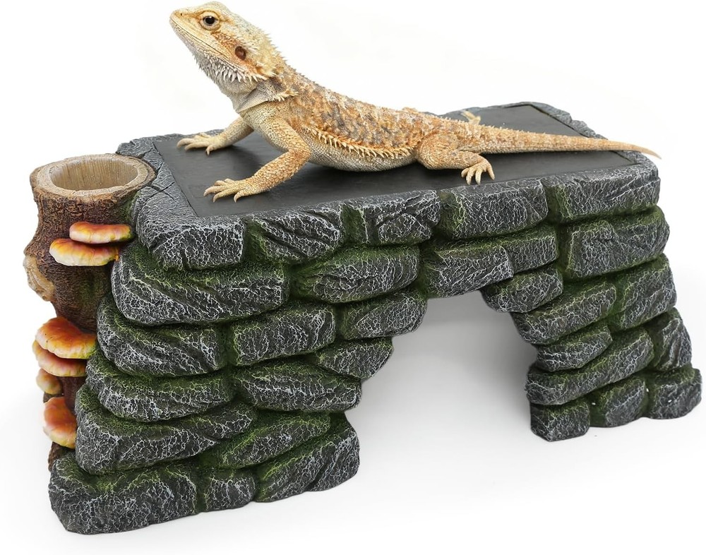 3 in 1 Bearded Dragon Basking Platform Reptile Habitat Cave Hideout W/ Food Bowl