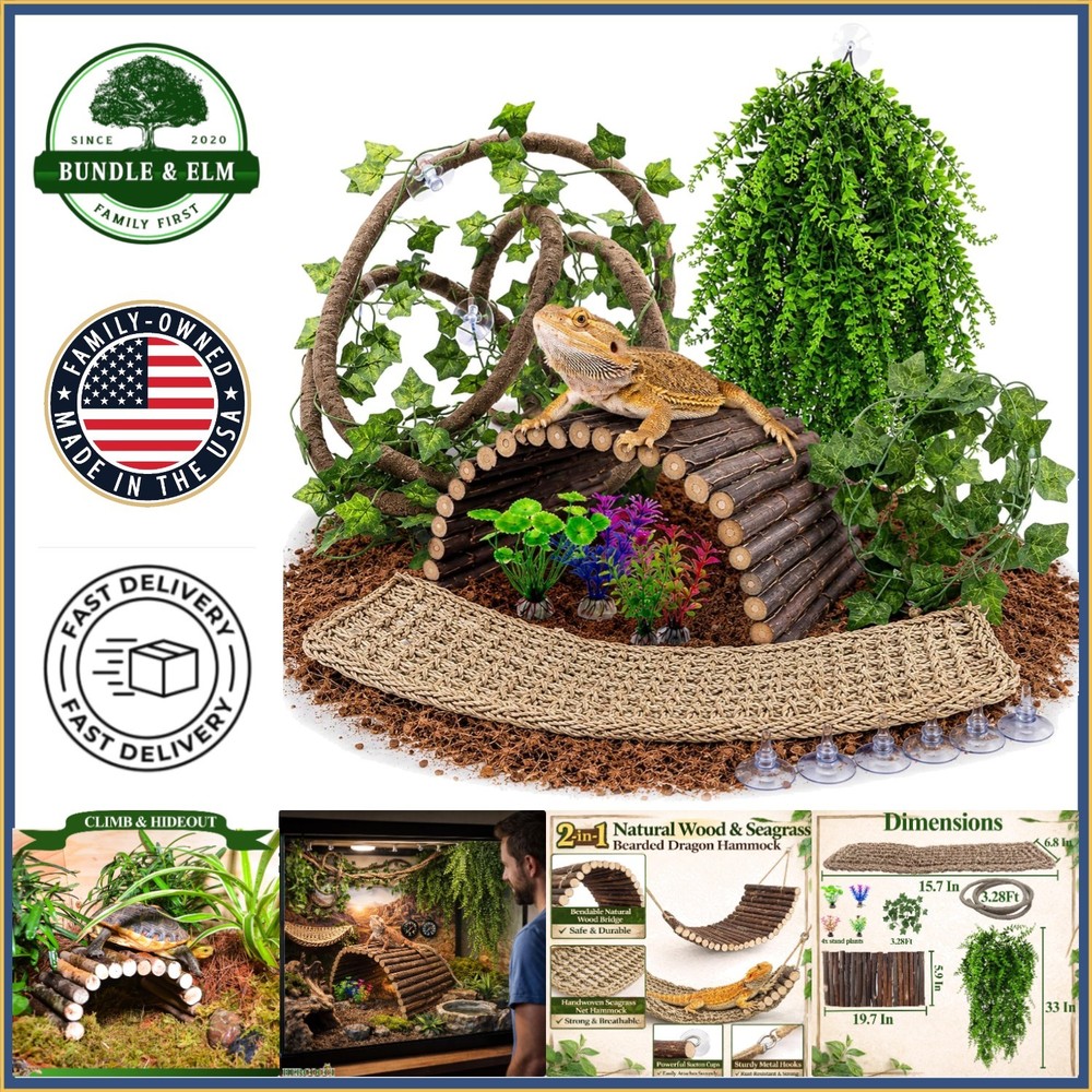 9-Piece Reptile Tank Accessories Set with Plants, Hammock, and Flexible Bridge