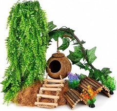 Crested Gecko Tank Accessories Reptile Hanging Plants Vines W/ Natural Coconut
