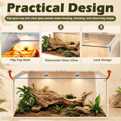Bearded Dragon Tank, Lizard Tank with Clear Tempered Glass Roof, Anti-Scratch Re