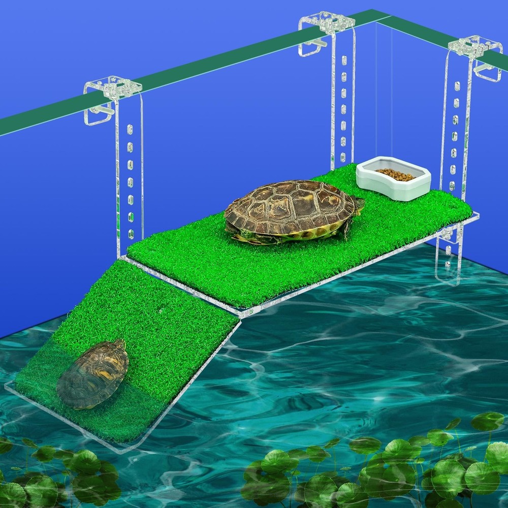 Adjustable Hanging Turtle Dock with Anti-Slip Artificial Grass Basking Platfo…