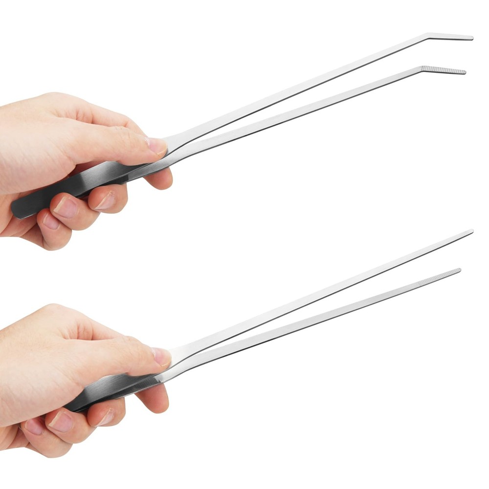 Fri4Free 2PCS Long Aquarium Tweezers – 10.6″ Straight and Curved Sliver