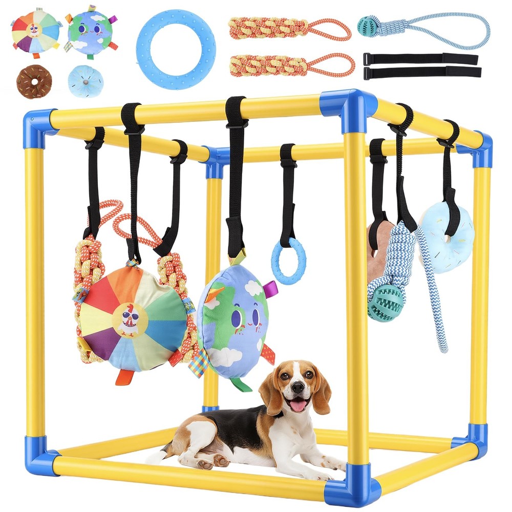 Dog Play Gym, PVC Frame with 8 Hanging Toys, Indoor Jungle Gym with Bungee St…