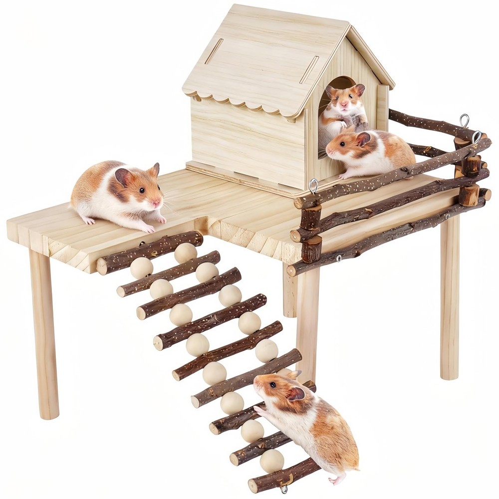 Wooden Hamster House Platform Ladder Hideout Cage Accessories Habitat Decor