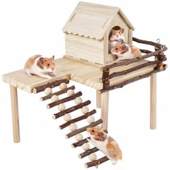 Wooden Hamster House Platform Ladder Hideout Cage Accessories Habitat Decor