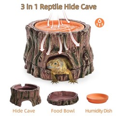 Reptile Hide Cave, Reptile Hideout with Detachable Base and Humidity Dish, 3 …