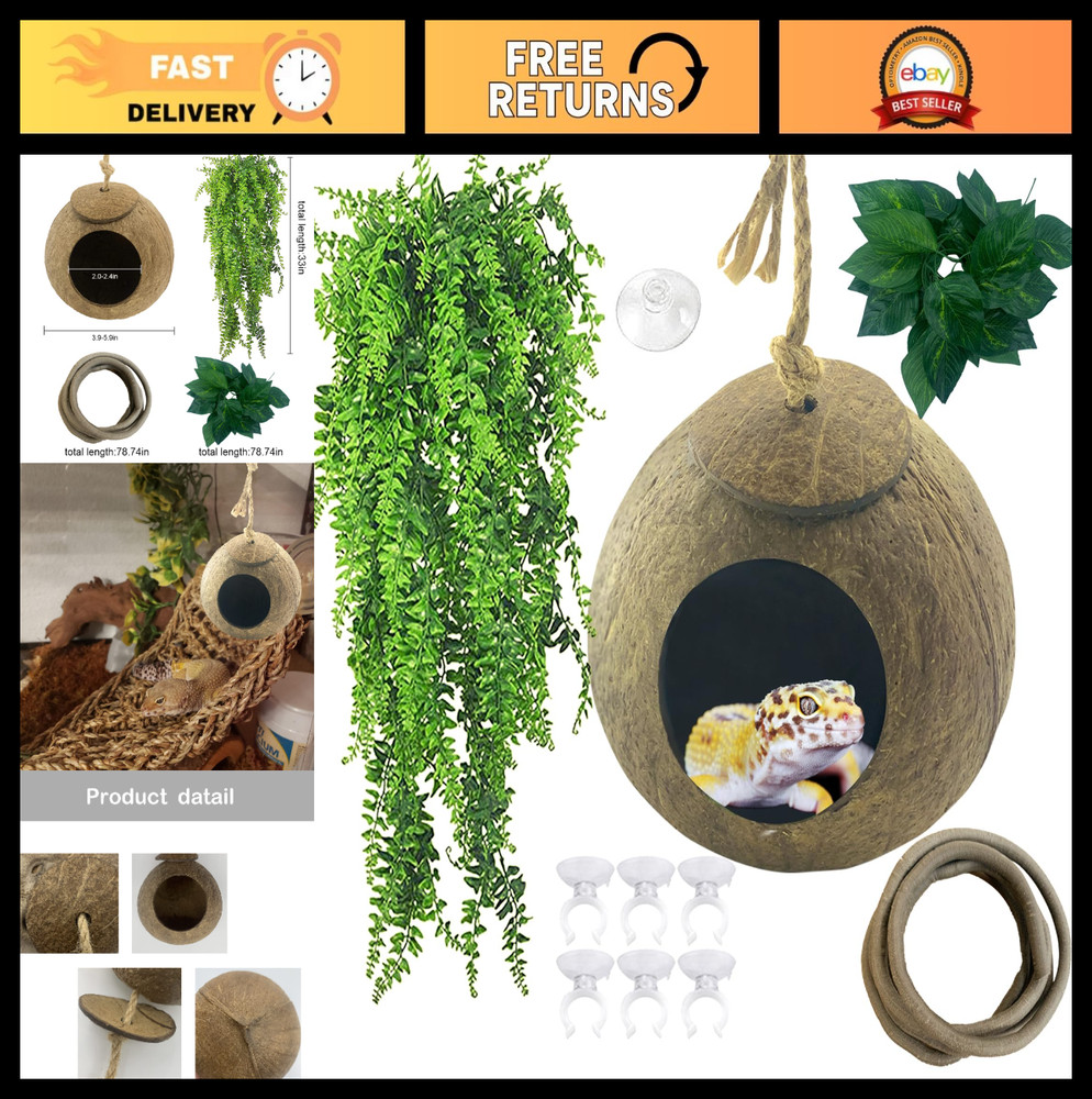 Coconut Hut for Crested & Leopard Geckos – Natural Coco Shell Hideout, 4 Pcs