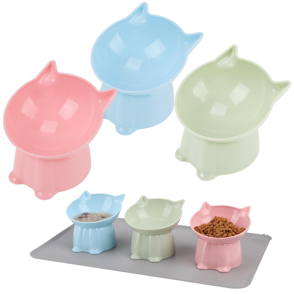 3 Pcs Elevated Cat Bowls 15°Raised Cat Food Bowl with Silicone Mat … Fast