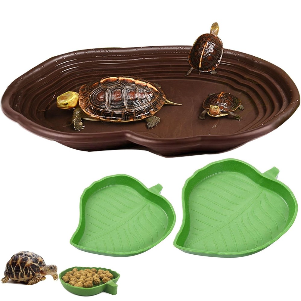 3PCS Tortoise Water Bowl with Ramp Leaf Tortoise Water Food Dish Turtle Pool …