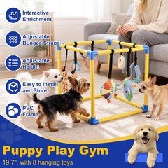 Dog Play Gym, PVC Frame with 8 Hanging Toys, Indoor Jungle Gym with Bungee St…