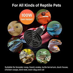 2-Pack 100W Reptile Heat Lamp Ceramic Heat Emitter No-Light Infrared Bulbs Black