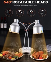 Food Heat Lamp, 500W Commercial Heat Lamp for Food, 2-Head Adjustable – Silver