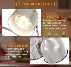 Food Heat Lamp, 500W Commercial Heat Lamp for Food, 2-Head Adjustable – Silver