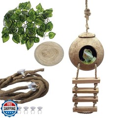 PINVNBY Crested Gecko Coco Hut with Ladder Natural Lizard Coconut Shell Hideo