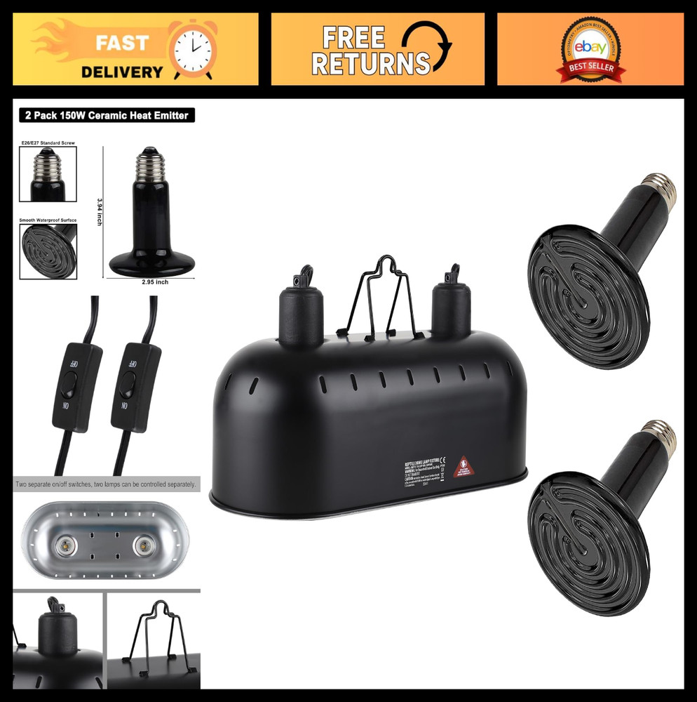 15″ Dual Reptile Light Fixture, 150W Heat Lamp & 2 Ceramic Emitters for Terrariu