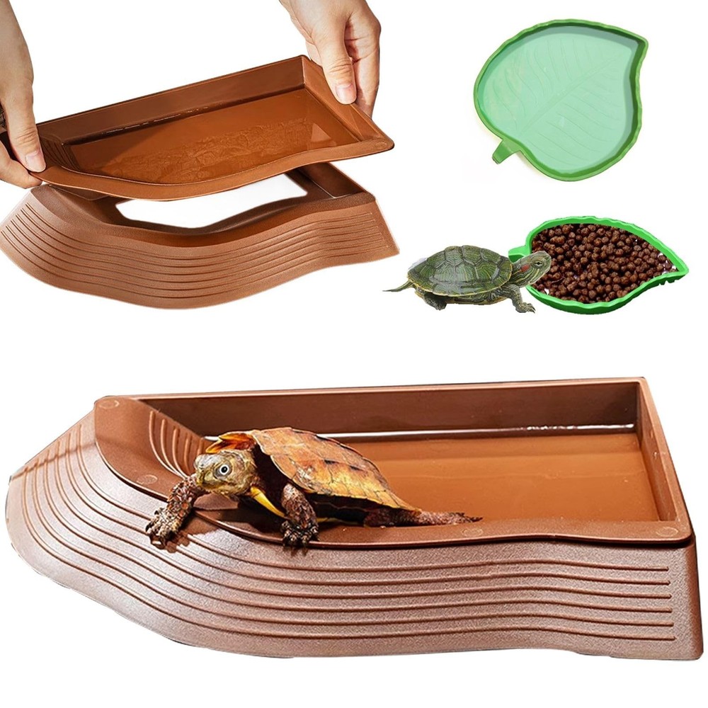 3PCS Tortoise Water Bowl Set with Ramp & Leaf – Reptile Bathing Pool & Food Dish