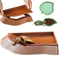3PCS Tortoise Water Bowl Set with Ramp & Leaf – Reptile Bathing Pool & Food Dish