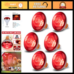6 Pack 250W Infrared Heat Lamp Bulbs for Chickens, Pets, Light Therapy, Brooder