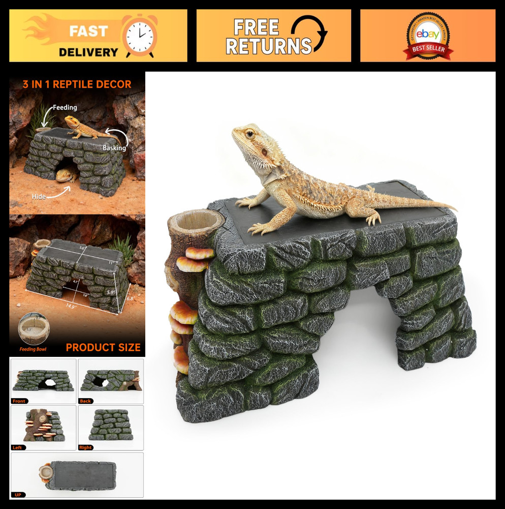 3-in-1 Bearded Dragon Basking Platform & Hideout, Reptile Cave with Food Bowl, T
