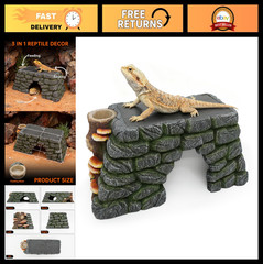 3-in-1 Bearded Dragon Basking Platform & Hideout, Reptile Cave with Food Bowl, T