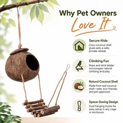 Reptile Hide Coconut Cave, Natural Hanging Shell Hut with Rope Ladder for Cre…