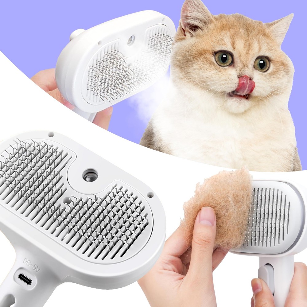 Cat Steam Brush, 3 in 1 Pet Hair Removal Tool, Self Cleaning Steamy Cat Brush…