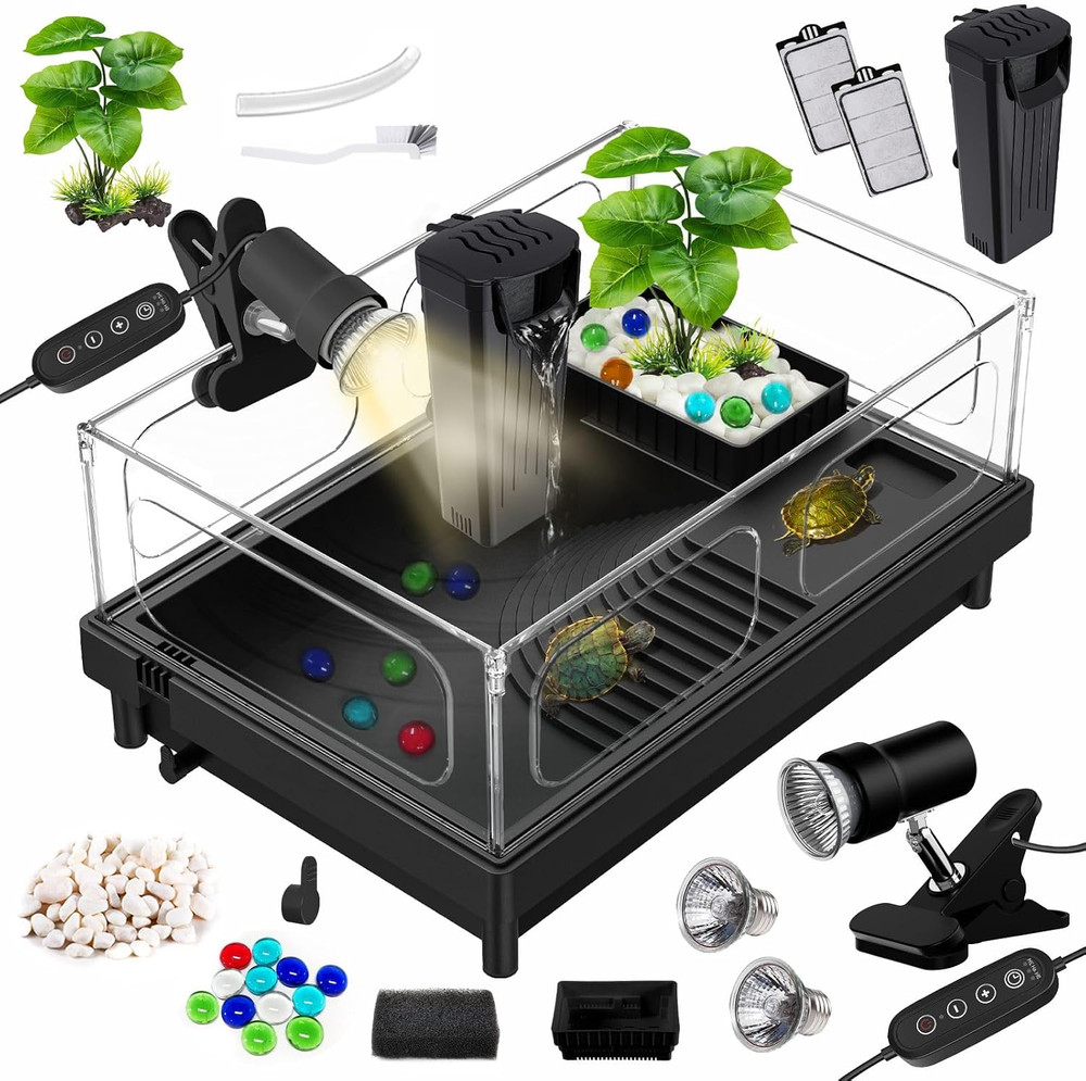 Small Turtle Tank Kit(Tank+Lamp+Filter), Acrylic Turtle Starter Kit with Adjusta