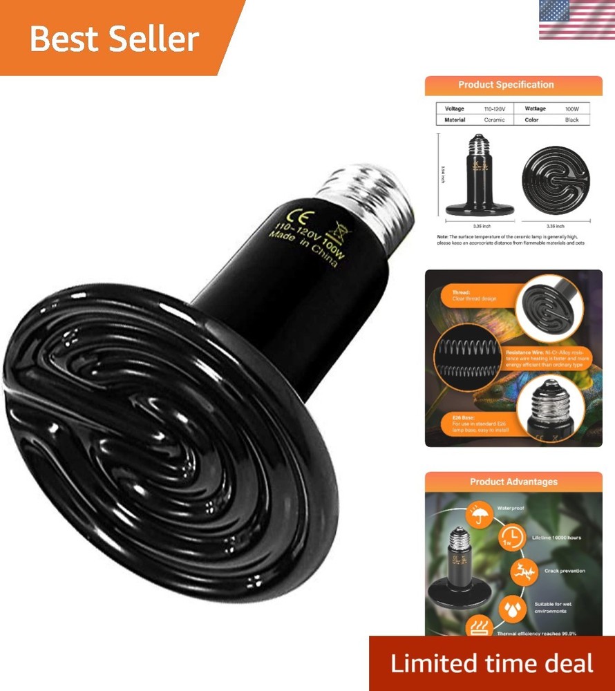 100W Ceramic Heat Emitter – No Light Reptile Heat Lamp for Terrariums