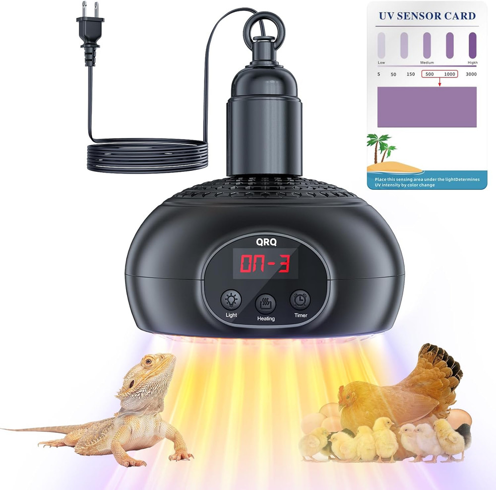 QRQ Chicken Coop Heater, 200W-350W-500W Reptile Heat Lamp with UVA UVB Dimmable