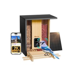 Smart Bird Feeder w/ Camera Solar 2K Live Stream AI Detect Wood