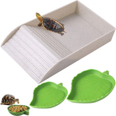 3Pcs Tortoise Food Dish with Ramp and Basking Platform Leaf Tortoise Water Food