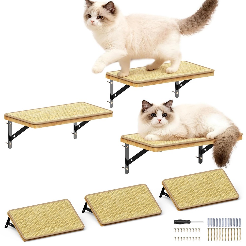 3 PCS Large Cat Wall Shelves 14×8 Inch Natural Wood Mounted Climbing Lounger
