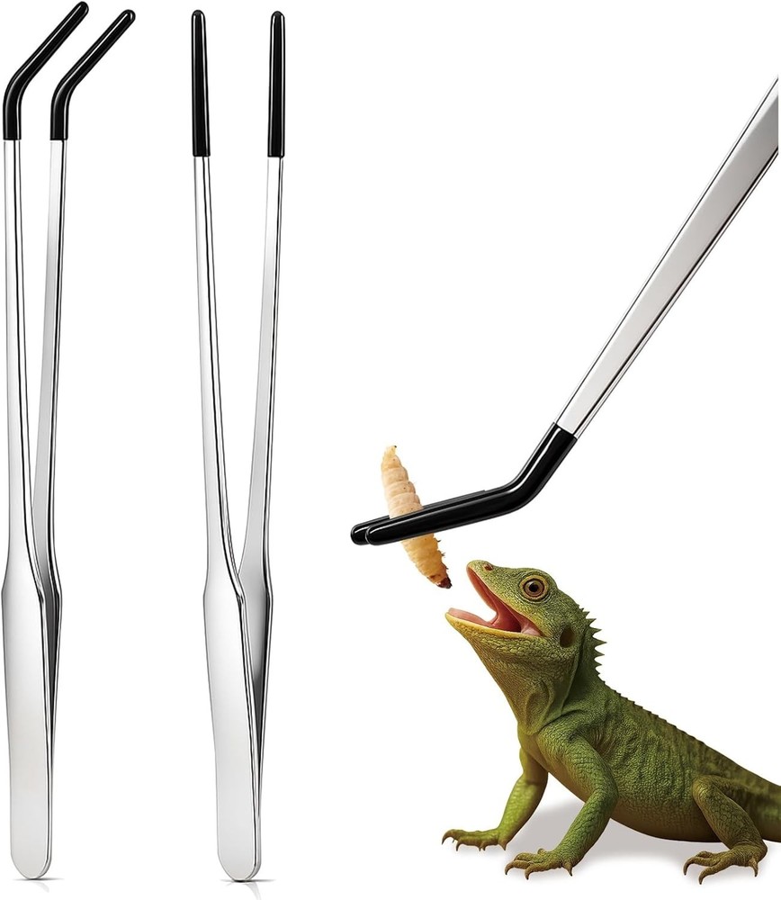 2 Pack Extra Long Stainless Steel Reptile Feeding Tongs with Rubber Silver
